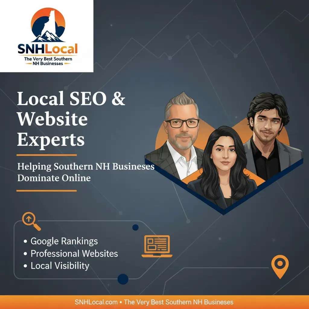 Local SEO and website experts from SNHLocal, featuring three professionals, promoting support for Southern NH businesses with a focus on online visibility and local commerce.