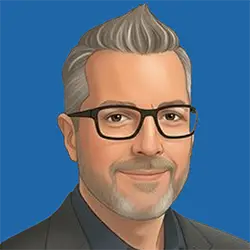 Illustration of Mark M., founder of SNHLocal, with glasses, gray hair, and a blue background, representing local business support and community engagement.