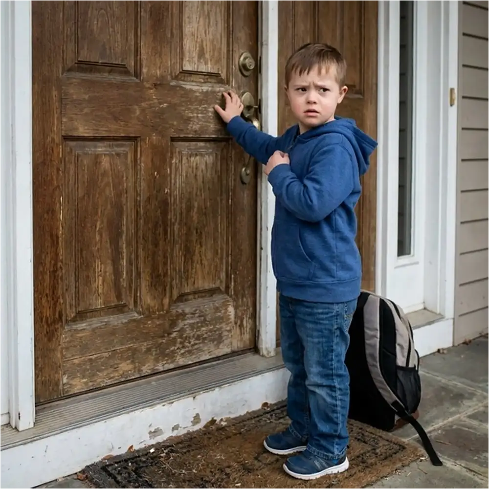 Boy with Down syndrome standing by a wooden door, looking worried and holding a backpack, reflecting themes of community support and emergency situations.